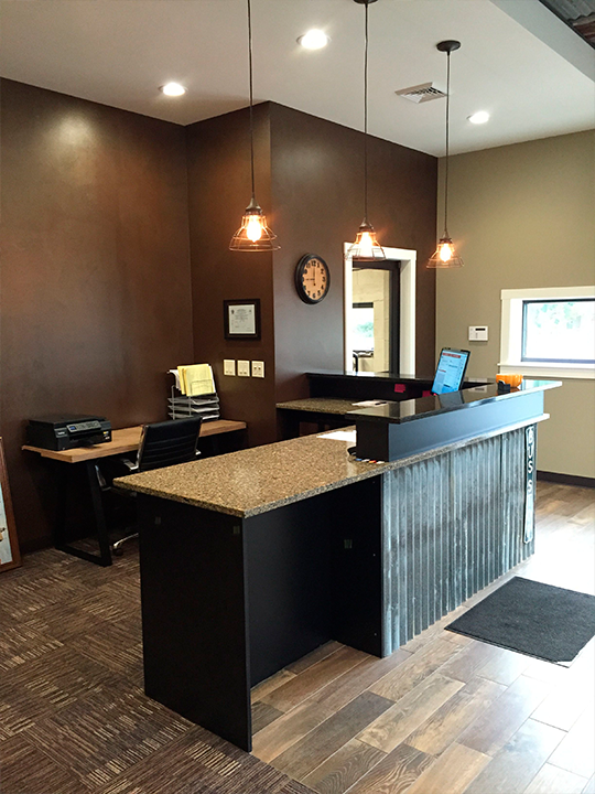 Renovated commercial reception area with modern design elements